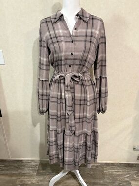 Cato Mauve Plaid Button-Front Tie-Waist Midi Dress